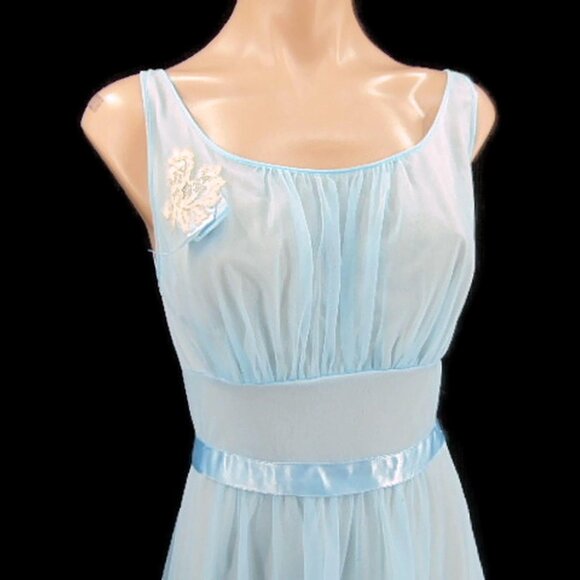 Vanity Fair Vintage 50s Blue Nightgown Size 32 Ribbon Trim Double Nylon Lace - Picture 2 of 12